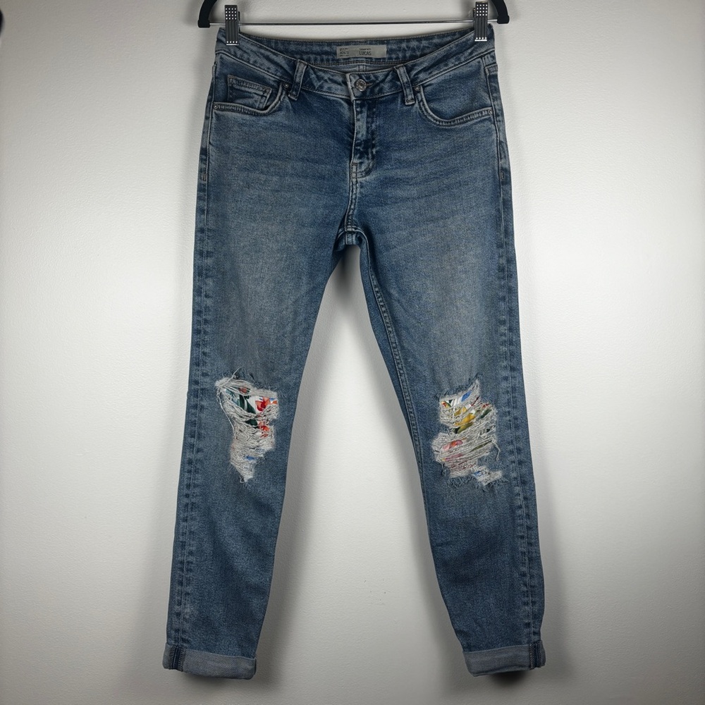 Moto Ankle Length Jeans with Floral Fabric Accents